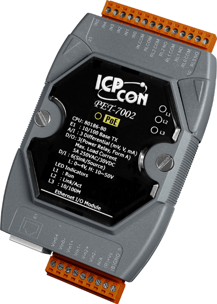 PET-7002 CR 3-channel analog inputs, 6-channel digital inputs and 3-channel Relay outputs module PoE M