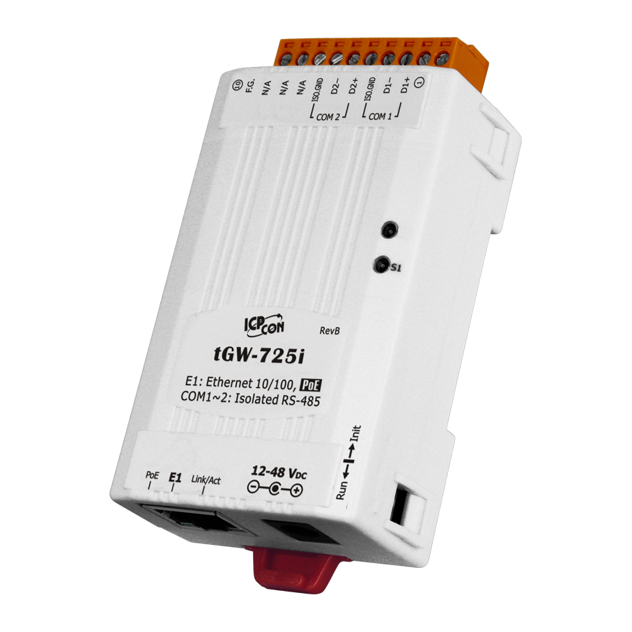 tGW-725i CR Tiny Modbus/TCP to RTU/ASCII Gateway with PoE and 2 Isolated RS-485 Ports (RoHS)