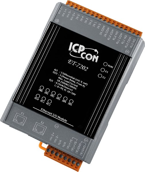 ET-7202 CR Ethernet I/O Module with 2-port Ethernet Switch, with 3-ch AI, 6-ch DI, 3-ch Relay (RoHS)