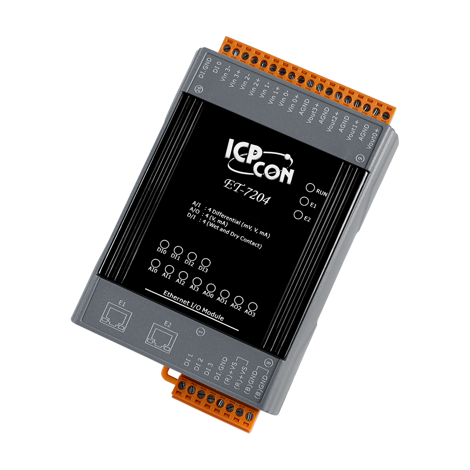 ET-7204 CR Ethernet I/O Module with 2-port Ethernet Switch, with 4-channels AI, 4-channels AO, 4-channels DI (RoHS)