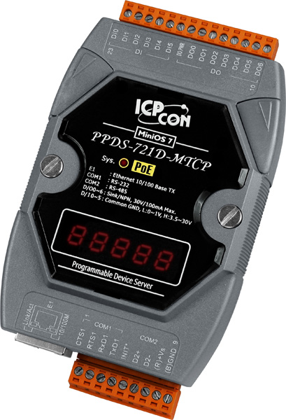 PPDS-721D-MTCP CR Programmable Device Server with PoE, Modbus Gateway, 1 RS-232 port, 1 RS-485 port and an L