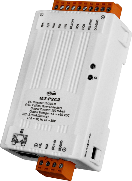 tET-P2C2 CR Tiny Ethernet module with 2-ch DI and 2-ch DO (NPN, Sink) (RoHS)