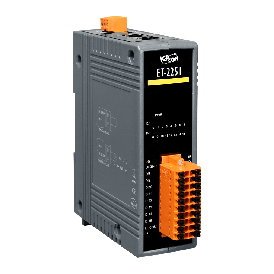 ET-2251 CR Ethernet I/O Module with 2-port Ethernet Switch, 16-ch wet contact and dry contact DI (RoHS)