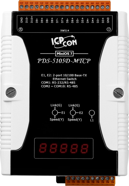 PDS-5105D-MTCP CR Programmable Device Server with 10 RS-485 Ports, 2-Port Switch and LED Display (RoHS)